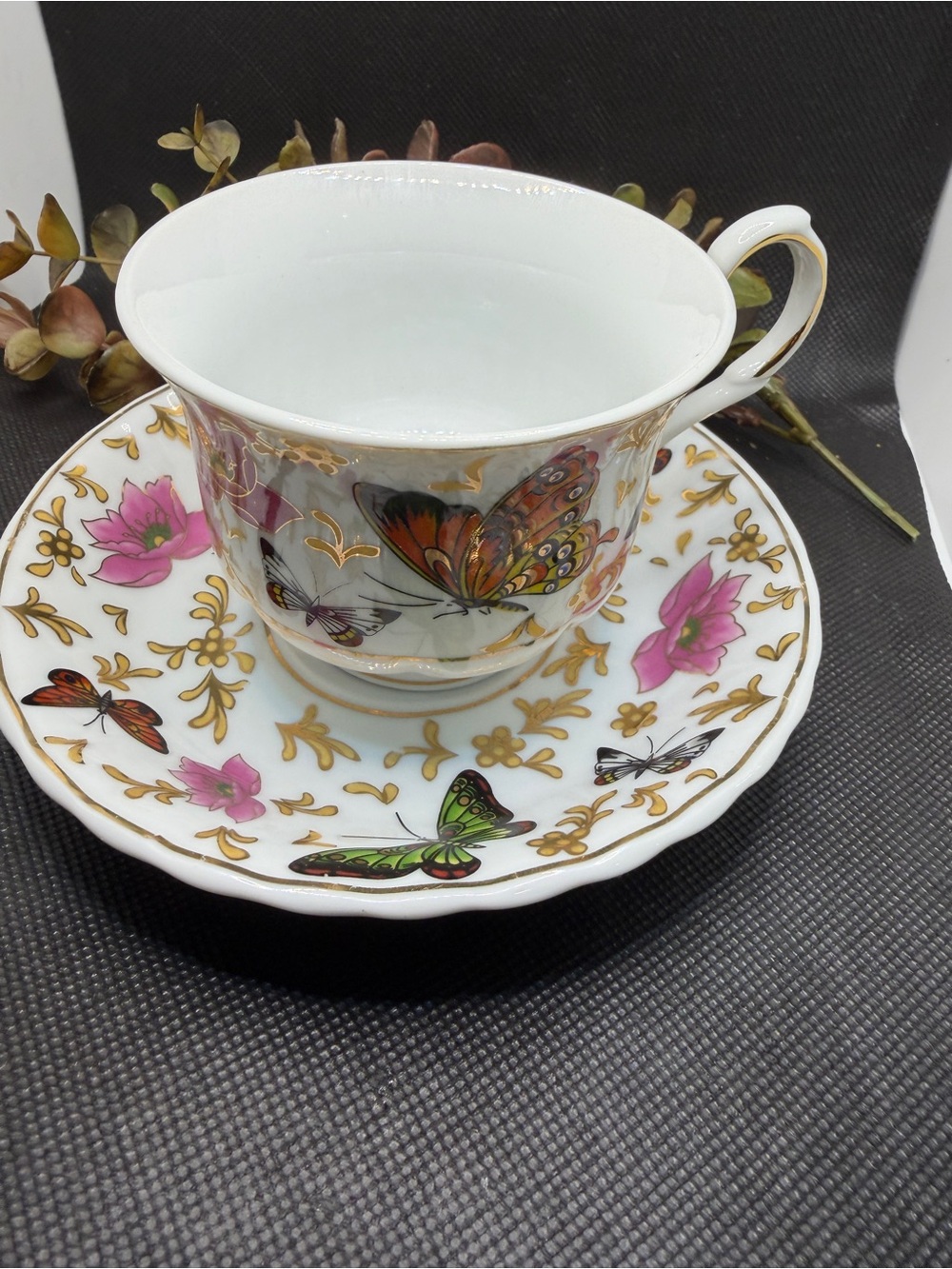 Allison L.L. Butterfly Fine Porcelain Teacup & Saucer Vintage Floral Gold Trim